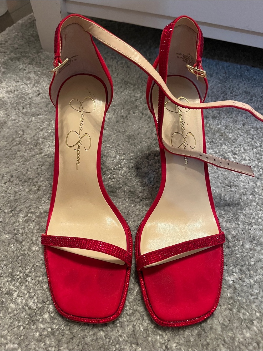 Jessica Simpson Red Crystal Single-Band Ankle-Strap Heels
